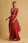 Ritu Kumar_Red 55% Linen Embroidered Thread Round Saree Dress Set_Online_at_Aza_Fashions