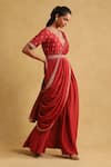 Buy_Ritu Kumar_Red 55% Linen Embroidered Thread Round Saree Dress Set_Online_at_Aza_Fashions