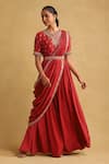 Shop_Ritu Kumar_Red 55% Linen Embroidered Thread Round Saree Dress Set_Online_at_Aza_Fashions