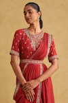 Ritu Kumar_Red 55% Linen Embroidered Thread Round Saree Dress Set_at_Aza_Fashions