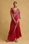 Buy_Ritu Kumar_Pink 100 % Viscose Embroidered Thread Draped Pant Saree Set With Floral Blouse _at_Aza_Fashions