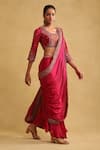 Buy_Ritu Kumar_Pink 100 % Viscose Embroidered Thread Draped Pant Saree Set With Floral Blouse _Online_at_Aza_Fashions