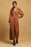 Buy_Ritu Kumar_Brown 100% Polyester Solid V-neck Jumpsuit _at_Aza_Fashions