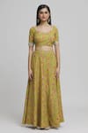 Samyukta Singhania_Yellow Cotton Print Petunia Bloom Sweetheart Neck Lehenga Blouse Set _Online_at_Aza_Fashions