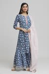 Buy_Samyukta Singhania_Blue Cotton Print Padma Blossom Notched Kurta Sharara Set _at_Aza_Fashions