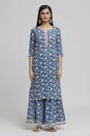 Samyukta Singhania_Blue Cotton Print Padma Blossom Notched Kurta Sharara Set _Online_at_Aza_Fashions