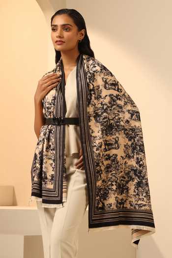 Shop_Dusala_Cream Zaiden Animal Woven Stole _at_Aza_Fashions