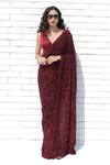 Buy_Talking Threads_Red Chiffon Beads, Sequins V-neck Embroidered Saree And Blouse Set_at_Aza_Fashions