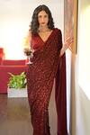 Talking Threads_Red Chiffon Beads, Sequins V-neck Embroidered Saree And Blouse Set_Online_at_Aza_Fashions