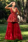 Shop_Talking Threads_Red Tulle Beads, Sequins, Embroidery V-neck 3d Floral Peplum Top Sharara Set_at_Aza_Fashions