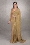 Buy_Talking Threads_Gold Chiffon Hand Embroidered Cut Beads Scoop Neck Saree And Blouse Set  _at_Aza_Fashions