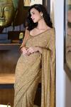 Buy_Talking Threads_Gold Chiffon Hand Embroidered Cut Beads Scoop Neck Saree And Blouse Set  _Online_at_Aza_Fashions