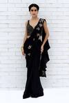 Buy_Talking Threads_Black Satin, Georgette Stardust Embroidered Pre-draped Saree With Blouse _at_Aza_Fashions