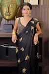 Talking Threads_Black Satin, Georgette Stardust Embroidered Pre-draped Saree With Blouse _Online_at_Aza_Fashions