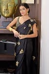 Buy_Talking Threads_Black Satin, Georgette Stardust Embroidered Pre-draped Saree With Blouse _Online_at_Aza_Fashions