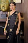 Talking Threads_Black Satin, Georgette Stardust Embroidered Pre-draped Saree With Blouse _at_Aza_Fashions