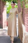 Buy Talking Threads Beige Silk Organza, Cotton, Spandex Sequins, Beads, Embroidery Kurta Pant Set at Aza Fashions Buy_Talking Threads_Beige Silk Organza, Cotton, Spandex Sequins, Beads, Embroidery Kurta Pant Set _at_Aza_Fashions