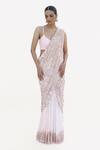 Buy_Talking Threads_White Tulle Beads, Sequins V-neck Hand Embroidered Pre-draped Saree With Blouse _at_Aza_Fashions