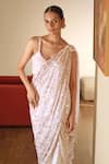 Buy_Talking Threads_White Tulle Beads, Sequins V-neck Hand Embroidered Pre-draped Saree With Blouse _Online_at_Aza_Fashions
