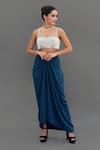 Buy_Talking Threads_Blue Satin Hand Embroidered Diamante Stones Bustier And Draped Skirt Set  _at_Aza_Fashions