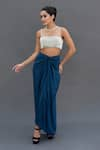 Buy_Talking Threads_Blue Satin Hand Embroidered Diamante Stones Bustier And Draped Skirt Set  