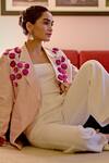 Shop_Talking Threads_Pink 100% Silk Hand Embroidered Floral Jumpsuit Blazer With White  _at_Aza_Fashions