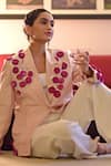 Talking Threads_Pink 100% Silk Hand Embroidered Floral Jumpsuit Blazer With White  _Online_at_Aza_Fashions