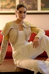 Buy_Talking Threads_Gold Raw Silk - Kinkhab With Tulle Sleeves Hand Jacket Jumpsuit  _at_Aza_Fashions