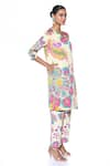 Siddhartha Bansal_Cream Tunic Organza Satin Printed Floral V-neck Kurta With Pant  _at_Aza_Fashions