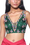 Shop_Siddhartha Bansal_Green Blouse Linen Saltin Printed Blossom Asymmetric Harem Pant Set  _Online_at_Aza_Fashions