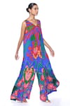 Shop_Siddhartha Bansal_Blue Pure Crepe Printed Floral V-neck Jumpsuit  _at_Aza_Fashions