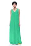 Buy_Siddhartha Bansal_Green Pure Crepe Solid V-neck Asymmetric Jumpsuit  _at_Aza_Fashions