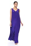 Buy_Siddhartha Bansal_Purple Pure Crepe Solid V-neck Box Pleated Jumpsuit  _at_Aza_Fashions