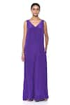 Buy_Siddhartha Bansal_Purple Pure Crepe Solid V-neck Pleated Jumpsuit  _at_Aza_Fashions