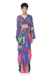 Siddhartha Bansal_Blue Pure Crepe Print Mystic Rafflesia V Neck Kaftan  _Online_at_Aza_Fashions