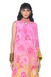 Shop_Siddhartha Bansal_Peach Crepe Print Blossomy Sight High Neck Cape Dress With Jumpsuit  