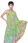Buy_Siddhartha Bansal_Green Crepe Print Paisley Bloom High Neck Cape Dress With Jumpsuit  