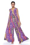 Siddhartha Bansal_Purple Pure Crepe Printed Floral V-neck Mughal Jumpsuit  _Online_at_Aza_Fashions