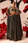 Buy_Bhumika Sharma_Black Twill Organza Printed Rosette Sweetheart Cape Lehenga Set _at_Aza_Fashions