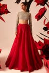 Buy_Bhumika Sharma_Red Organza Embroidered Geometric Round Blouse Lehenga Set _at_Aza_Fashions