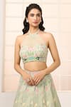 Shop_Aariyana Couture_Green Blouse And Lehenga- Viscose Organza Embroidered Floral Garden Halter Set _at_Aza_Fashions