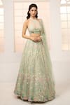 Shop_Aariyana Couture_Green Blouse And Lehenga- Viscose Organza Embroidered Floral Garden Halter Set 