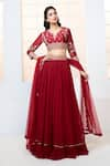 Aariyana Couture_Red Lehenga Chiffon Hand Embroidered Floral Notched Blouse Frill Set _at_Aza_Fashions