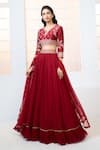 Buy_Aariyana Couture_Red Lehenga Chiffon Hand Embroidered Floral Notched Blouse Frill Set 