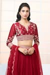 Shop_Aariyana Couture_Red Lehenga Chiffon Hand Embroidered Floral Notched Blouse Frill Set _at_Aza_Fashions