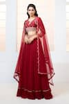 Shop_Aariyana Couture_Red Lehenga Chiffon Hand Embroidered Floral Notched Blouse Frill Set 