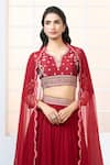 Aariyana Couture_Red Lehenga Chiffon Hand Embroidered Floral Notched Blouse Frill Set _Online