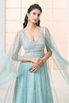 Shop_Aariyana Couture_Blue Soft Net Hand Embroidered Plunged V Cascading Sleeve Gown _at_Aza_Fashions