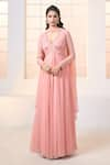 Buy_Aariyana Couture_Peach Anarkali- Viscose Georgette Embroidered Floral Plunged V Set  _at_Aza_Fashions