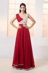 Aariyana Couture_Red - Dupion Hand Embroidered 1 V Neck Draped And With Lehenga _at_Aza_Fashions